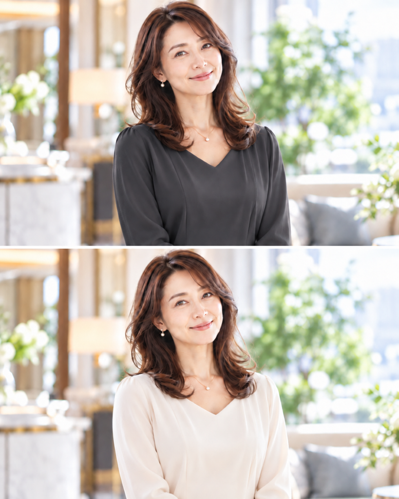 同じ40代女性が上下で異なる色のトップスを着た比較画像。上はチャコールグレー、下はアイボリーで、顔まわりの明るさや印象の違いが分かる婚活服のカラー比較。