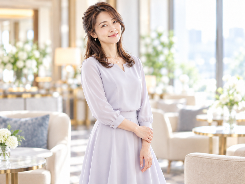 淡いラベンダーのやわらかなセットアップを着た40代女性。知的さと親しみやすさを感じる上品なお見合い服装で、明るいラウンジで自然に立つポートレート。