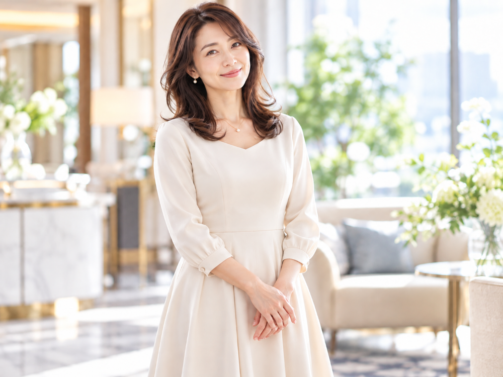 明るいアイボリーのAラインワンピースを着た40代女性。上品なパールアクセサリーを合わせた、清潔感のあるお見合い服装の王道スタイル。