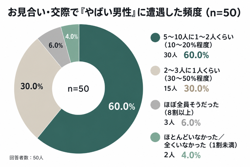 結婚相談所を利用した女性50人への独自アンケート。お見合い・交際で「やばい男性」に遭遇した頻度は、「5〜10人に1〜2人くらい（10〜20％程度）」が60.0％で最多、次いで「2〜3人に1人くらい（30〜50％程度）」が30.0％を占めたことを示すドーナツグラフ。
