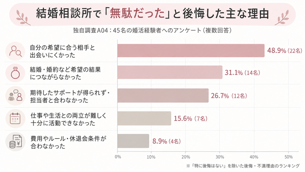 結婚相談所を利用した婚活経験者45人への独自アンケート。結婚相談所で「無駄だった」と後悔した主な理由は、「自分の希望に合う相手と出会いにくかった」が22人（48.9%）で最多、次いで「結婚・婚約など希望の結果につながらなかった」が14人（31.1%）だったことを示す横棒グラフ。