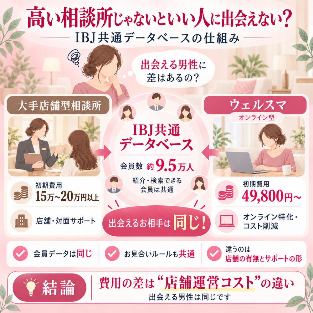 大手店舗型結婚相談所とウェルスマが、どちらも同じIBJ共通データベースにアクセスしている仕組みを示した図解。大手店舗型は初期費用15万〜20万円以上、ウェルスマは49,800円〜で、出会える相手は同じだが費用差は店舗運営コストとサポート形態の違いによることを説明している。