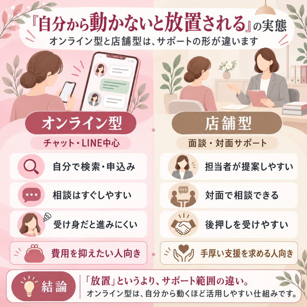 結婚相談所のオンライン型と店舗型のサポートの違いを比較した図解。オンライン型はチャット・LINE中心で自分で検索・申込みを進める一方、店舗型は面談・対面サポートで担当者の提案や後押しを受けやすいことを示している。