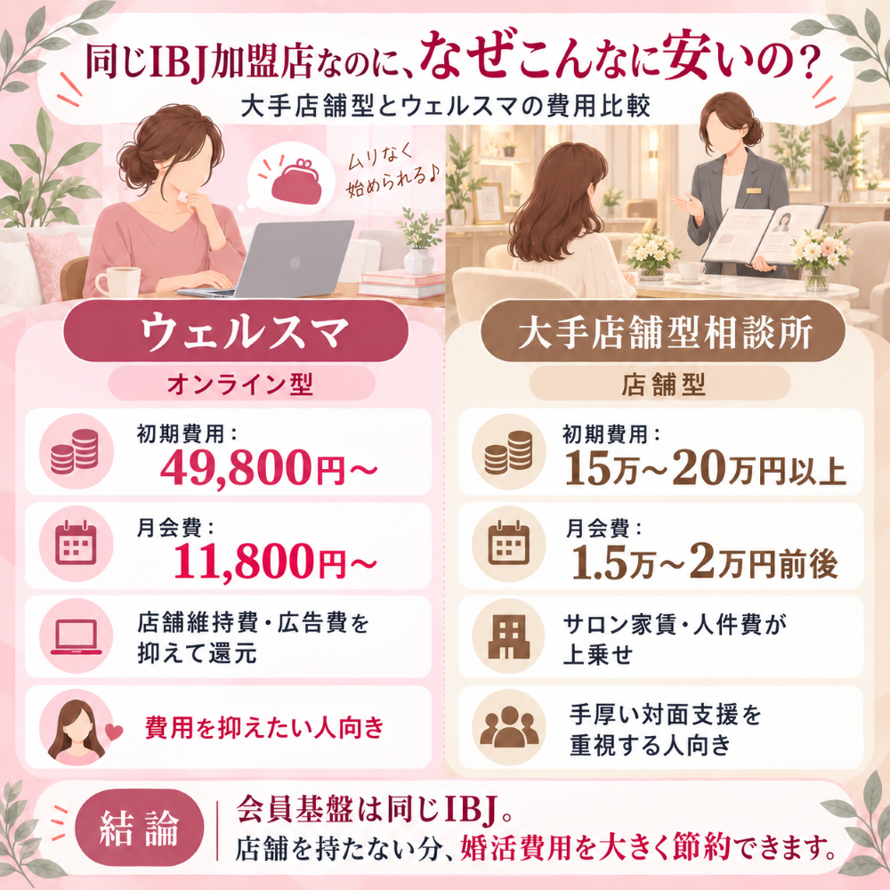 ウェルスマと大手店舗型結婚相談所の料金比較図。ウェルスマは初期費用49,800円〜、月会費11,800円〜。大手店舗型は初期費用15万〜20万円以上、月会費1.5万〜2万円前後。同じIBJ会員基盤を利用しながら費用を抑えられる仕組みを解説。